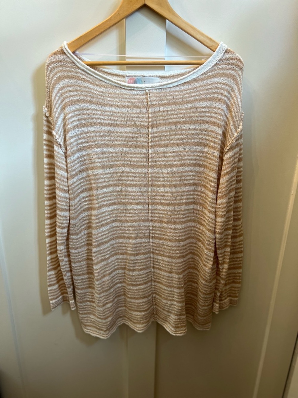 FP Beach Free People Striped Knit Pullover Top Tan White Boho Lightweight Medium